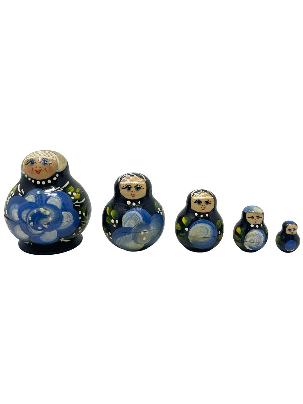 Vintage Russian Matryoshka Nesting Dolls Set of 5 Hand Painted Floral Blue Round